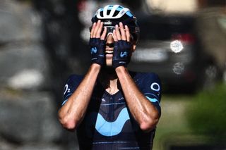 Movistar teams Spanish rider Carlos Verona celebrates as he crosses the finish line at the end of the seventh stage of the 74th edition of the Criterium du Dauphine cycling race 135kms between SaintChaffrey to Vaujany southeastern France on June 11 2022 Photo by Marco BERTORELLO AFP Photo by MARCO BERTORELLOAFP via Getty Images