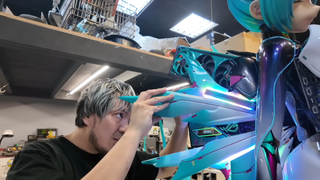 Tech creator 黃小潔Jerry assembles a gaming PC built inside a 2 metre tall statue of Vocaloid character Miku Hatsune.