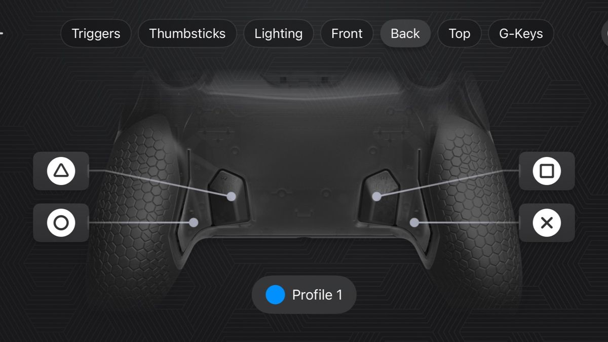 Screenshot from Scuf app showing back button assignments on the Scuf Omega PS5 controller