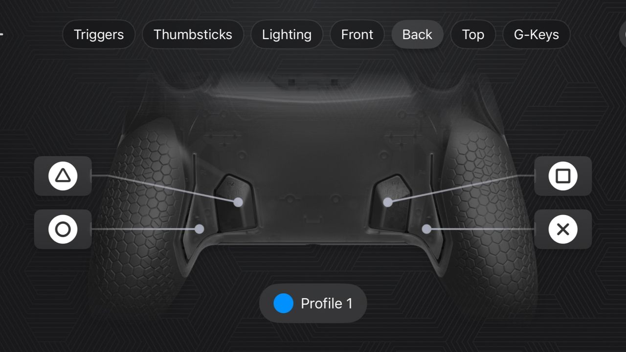 Screenshot from Scuf app showing back button assignments on the Scuf Omega PS5 controller