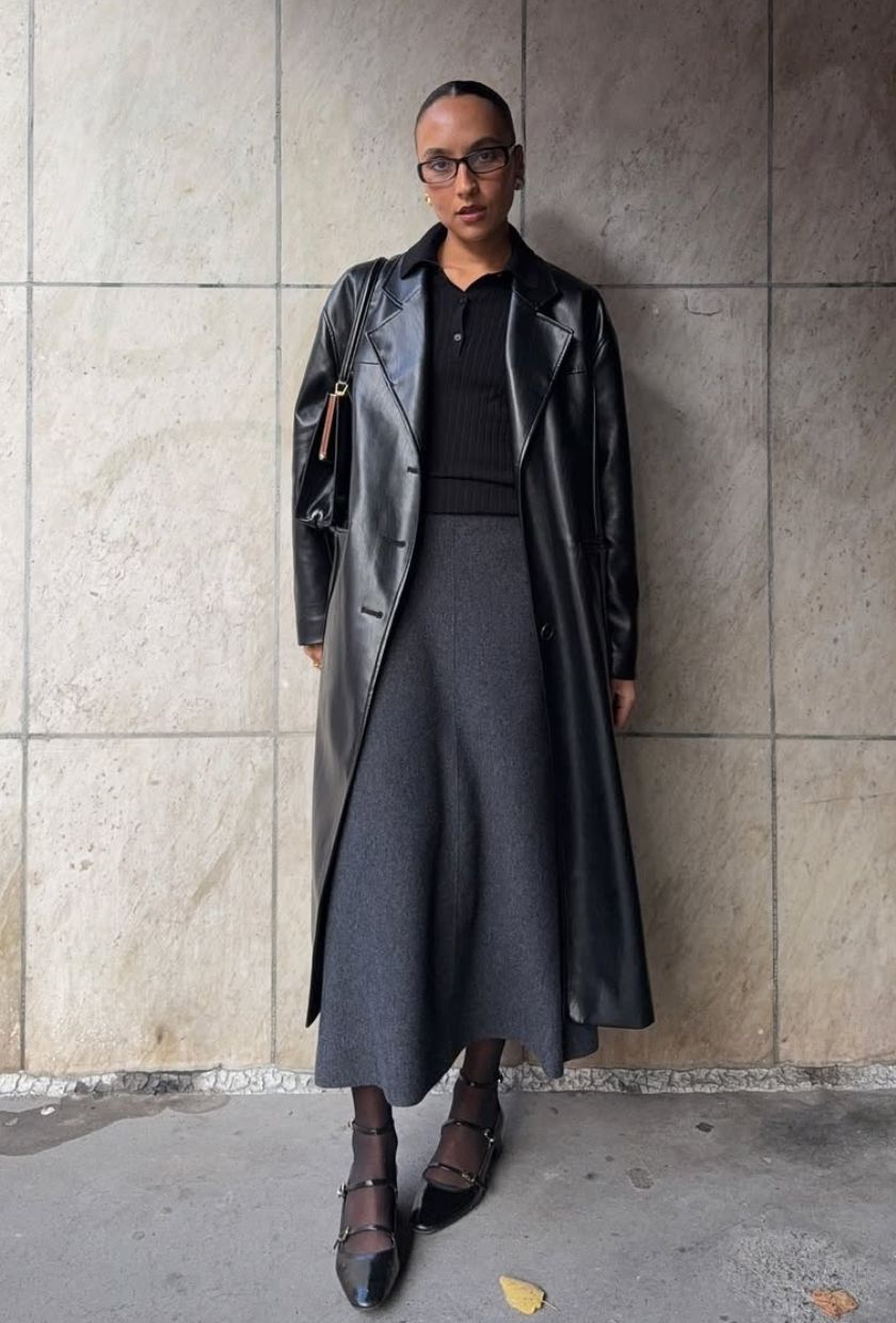 @ingridedvinsen wears a grey wool skirt with a leather trench, black polo knit, Mary-Janes and a shoulder bag
