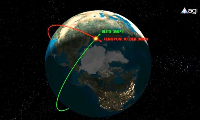 An artist&amp;#039;s depiction of the moment when a Russian satellite and a piece of Chinese space junk collided.