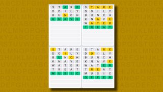 Quordle Daily Sequence answers for game 958 on a yellow background