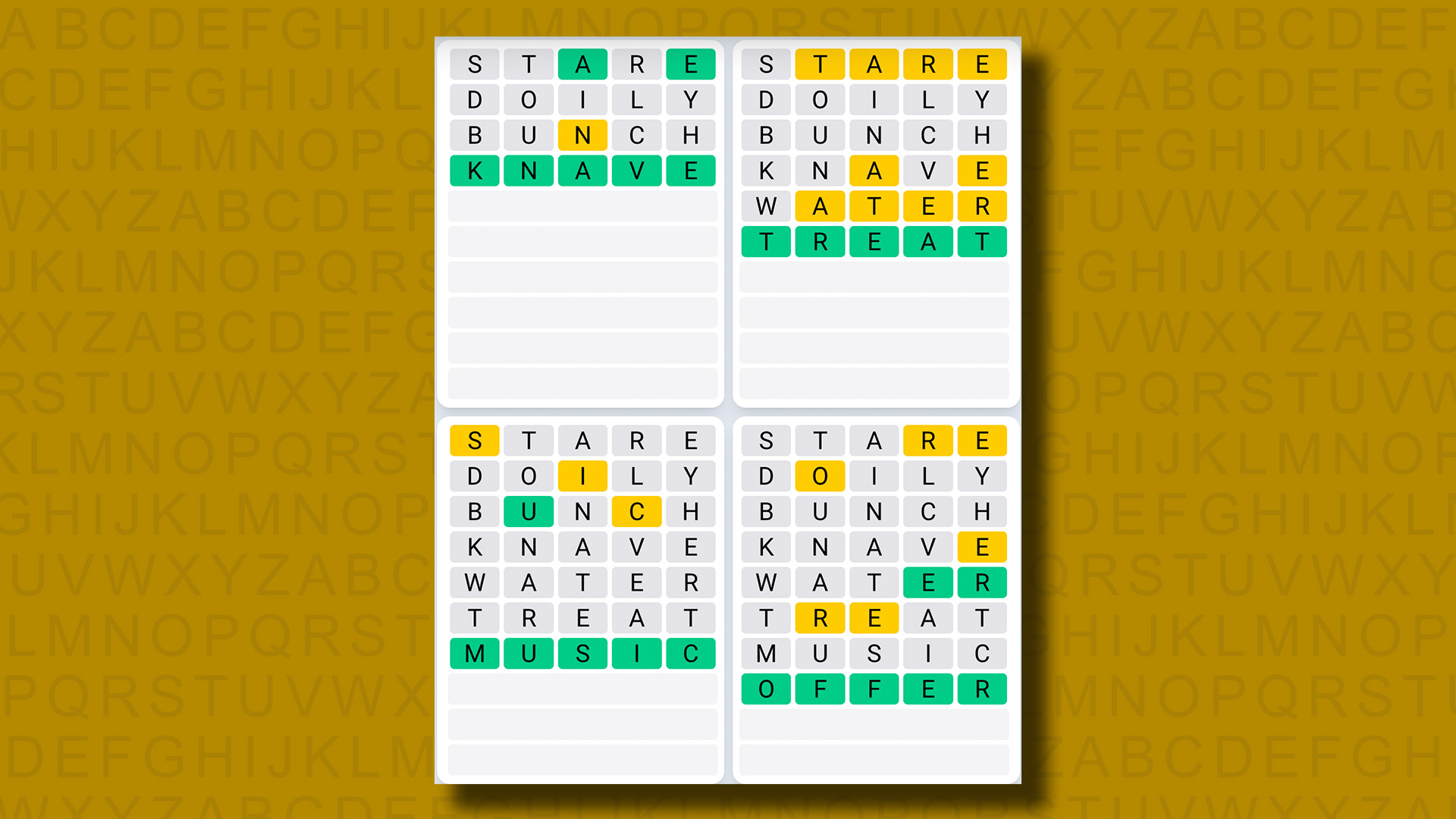 Quordle Daily Sequence Answers for Game 958 on a yellow background