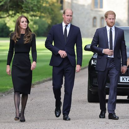 Prince Harry, Meghan Markle, Princess Kate and Prince William walking in a row