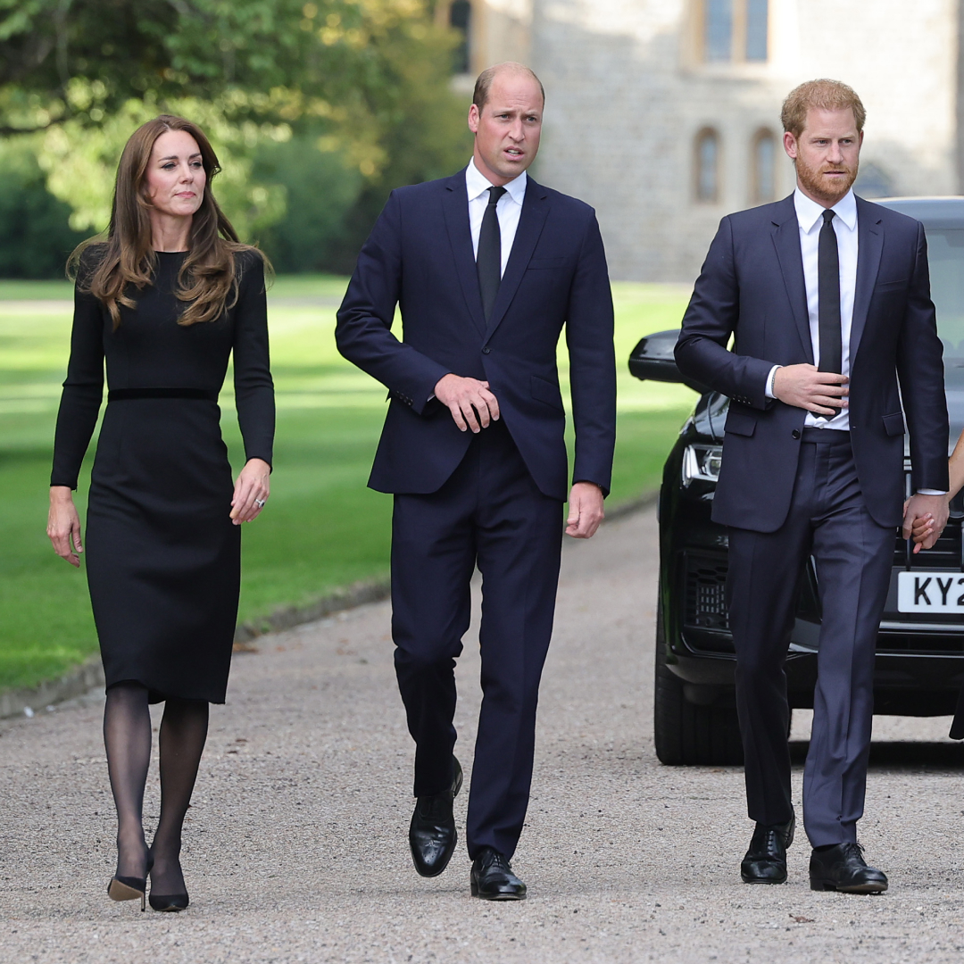 Prince Harry,  Meghan Markle, Princess Kate and Prince William walking in a row