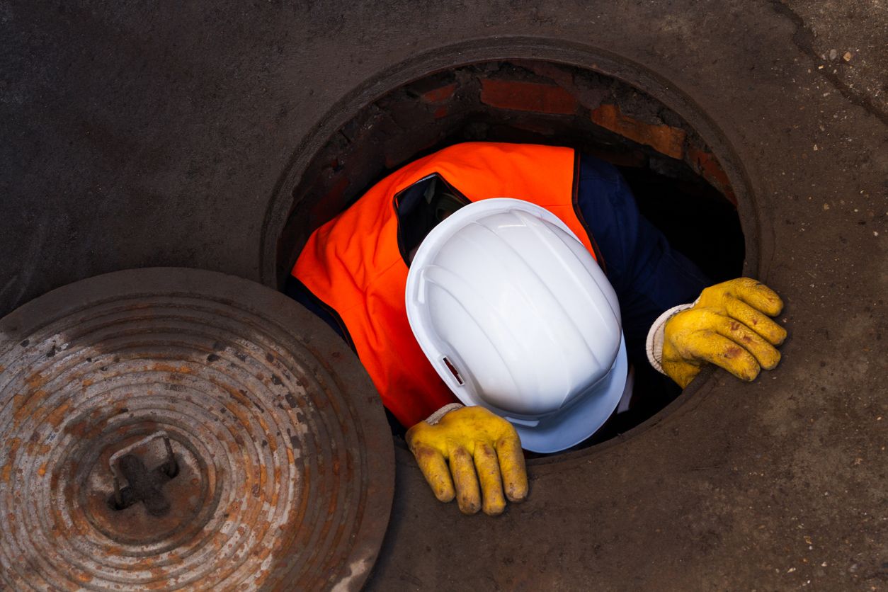 Construction worker going down a manhole.