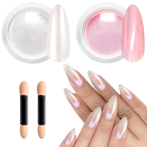 Pearl Chrome Nail Powder Bishengyf -【fairy Effect】 Pink Chrome Nail Powder White Pearlesent Aurora Mermaid Iridescent Nail Chrome Powder, Metallic Mirror Glitter Pigment Dust for Nail Art Diy 2pcs