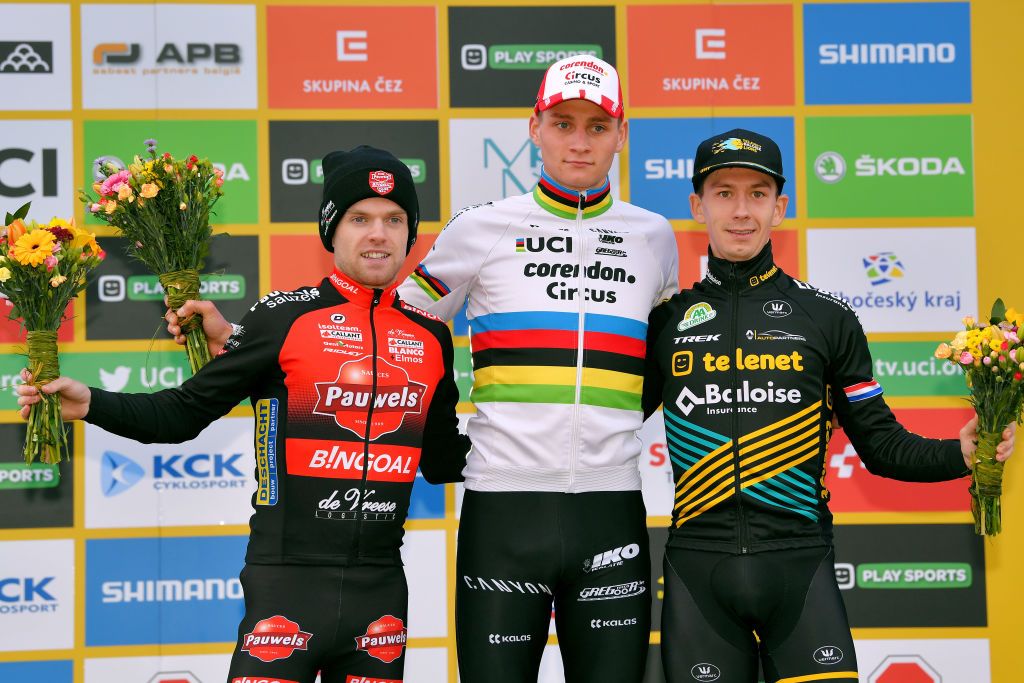 TABOR CZECH REPUBLIC NOVEMBER 16 Podium Eli Iserbyt of Belgium and Team Pauwel Sauzen Bingoal Mathieu Van Der Poel of The Netherlands and Team Corendon Circus Lars Van Der Haar of The Netherlands and Team Telenet Baloise Lions Celebration during the 23rd Tabor World Cup 2019 Men Elite UCICX TelenetUCICXWC on November 16 2019 in Tabor Czech Republic Photo by Luc ClaessenGetty Images