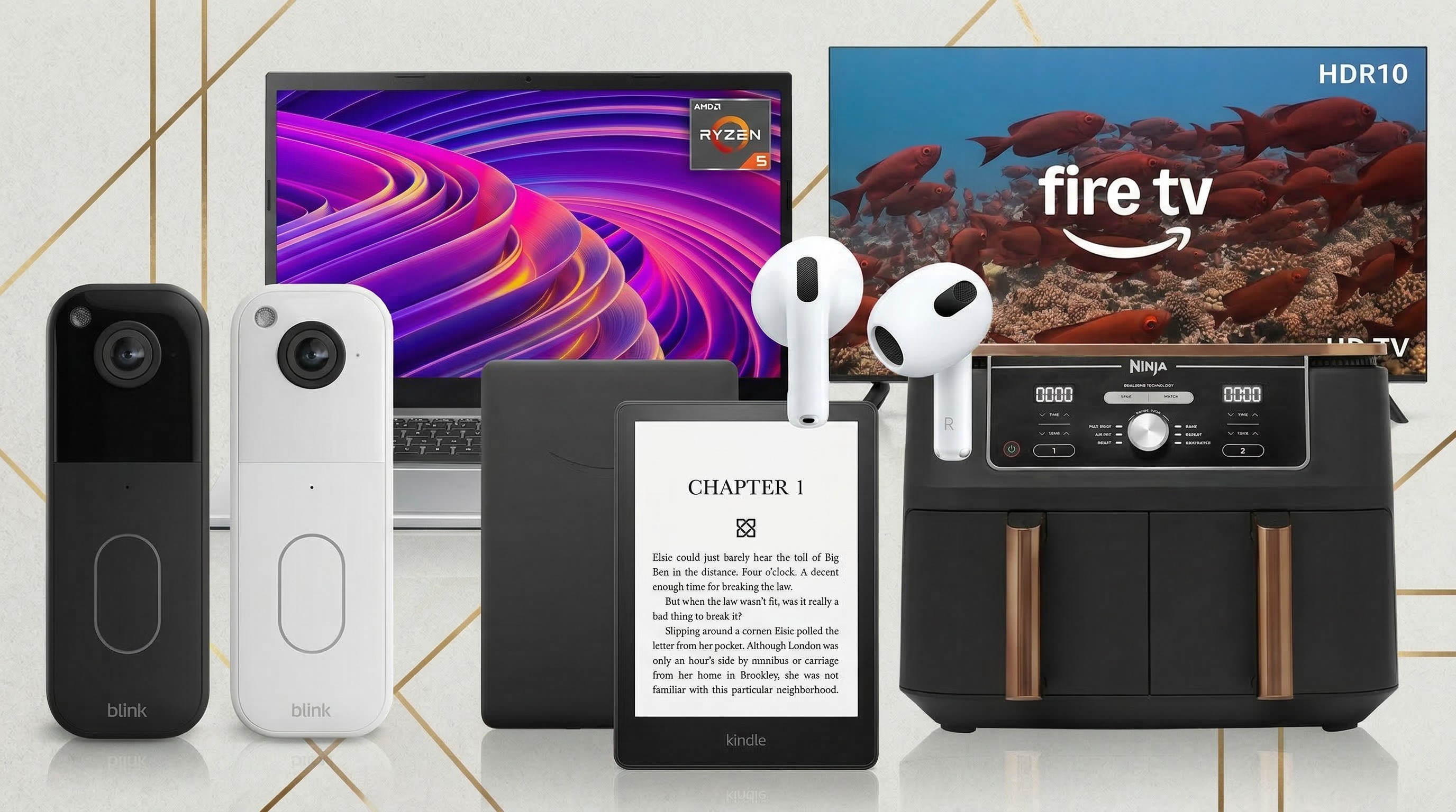 A collage of tech from the Amazon Spring Deal Days sale, including a Fire TV, Ninja Air fryer, AirPods, Kindle Paperwhite, Blink doorbell and Acer laptop