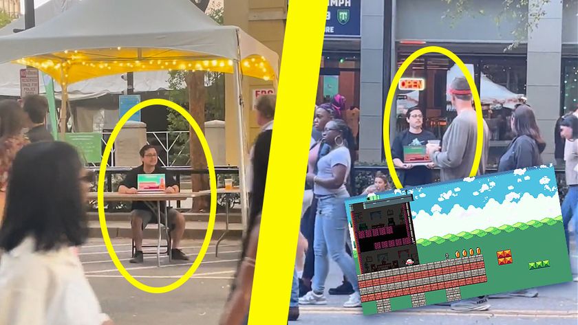 An indie game developer tries to promote their game by showing it on a laptop in a high street