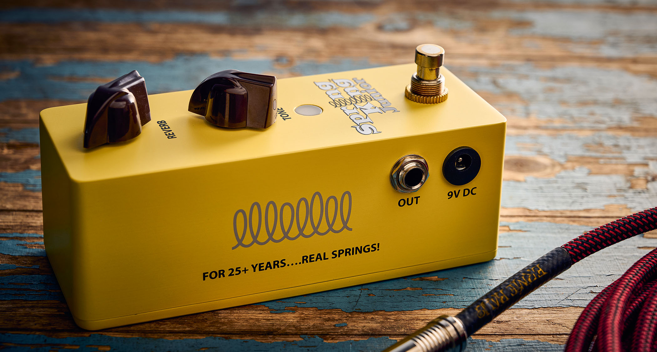 Danelectro Spring King Junior: rehoused in a mini-pedal format with a custard yellow paintjob, the Spring King Junior has a real spring inside.