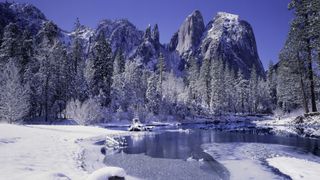 Cathedral Peaks and the Merced River in Yosemite in winter