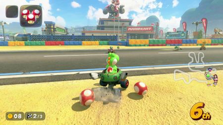 Mario Kart World smart steering yoshi driving off road to rejoin track with smart steering