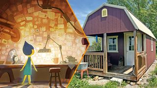 Art from Pixar's Inside Out 2 and a shed art studio