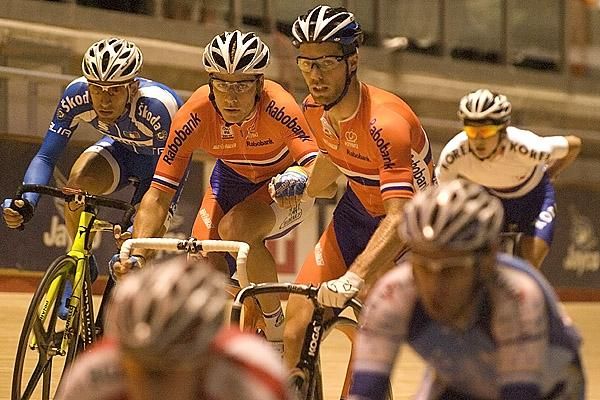 Tim Veldt and Jeff Vermeulen of the Netherlands combine during the men's madison.