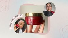 Image of hand holding the Tropic Renewing Cleansing Balm on a pastel watercolour background, with pink circle and swirls, pink 'tried and tested' banner and circular photos of Sennen and Aleesha holding the cleansing balm