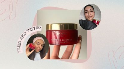 Image of hand holding the Tropic Renewing Cleansing Balm on a pastel watercolour background, with pink circle and swirls, pink 'tried and tested' banner and circular photos of Sennen and Aleesha holding the cleansing balm