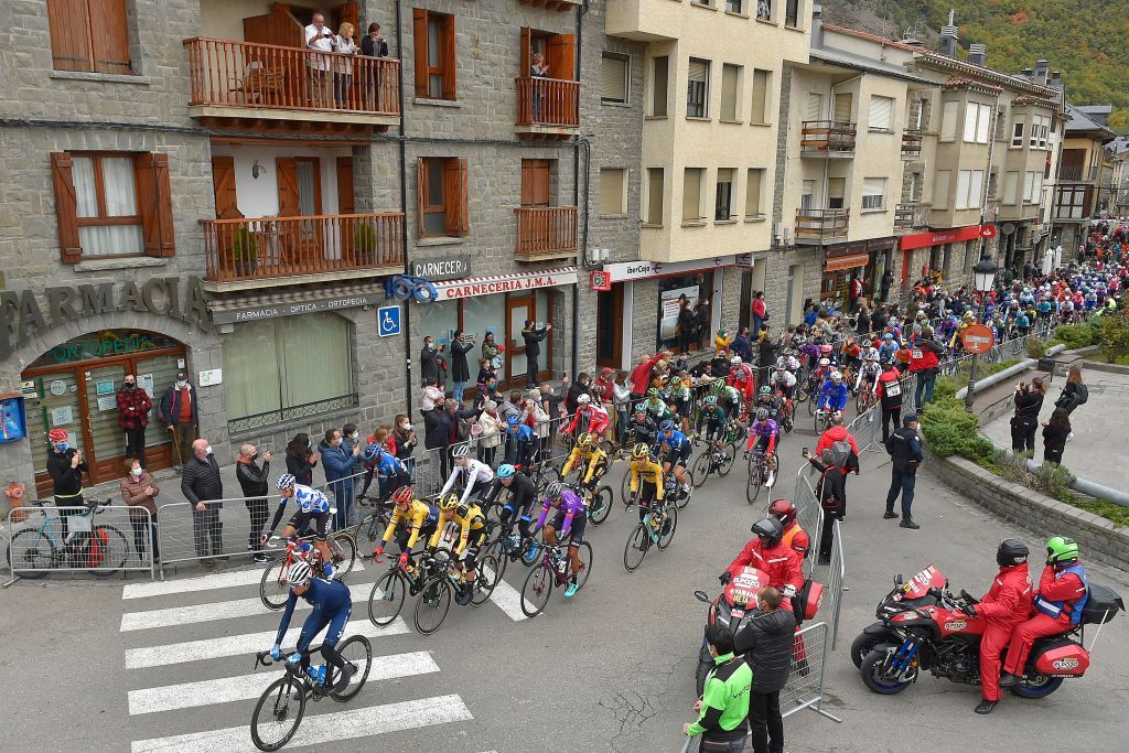 Cyclists take the start of the 6th stage of the 2020 La Vuelta cycling tour of Spain a 1464km race from Biescas to Formigal on October 25 2020 Photo by ANDER GILLENEA AFP Photo by ANDER GILLENEAAFP via Getty Images