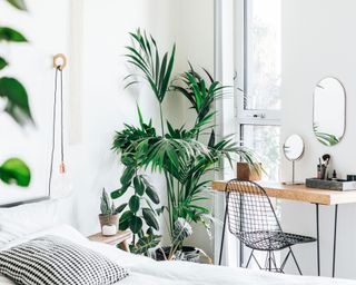 Bright, light bedroom decorated with green plants, bed with white bedding, wooden desk with pin legs, eames style black metal desk chair,