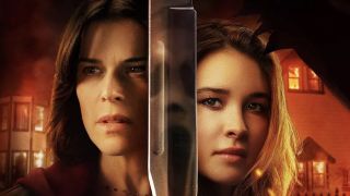 Scream 7 poster showing Sydney and daughter Tatum on either side of a knife with Ghostface reflected in the blade