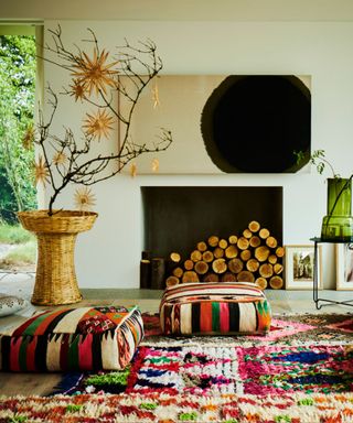 Modern boho living room with logs in the fireplace