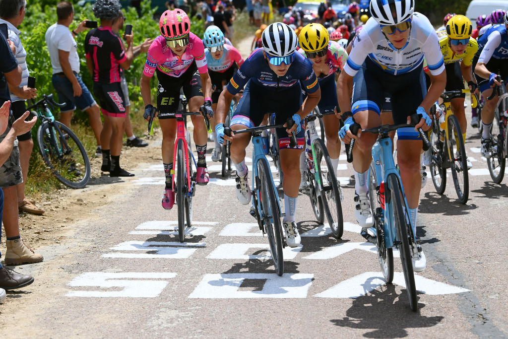 BARSURAUBE FRANCE JULY 27 LR Veronica Ewers of United States and Team EF Education Tibco Svb Elisa Longo Borghini of Italy and Team Trek Segafredo and Katarzyna Niewiadoma of Poland and Team CanyonSRAM Racing compete during the 1st Tour de France Femmes 2022 Stage 4 a 1268km stage from Troyes to BarSurAube TDFF UCIWWT on July 27 2022 in BarsurAube France Photo by Tim de WaeleGetty Images