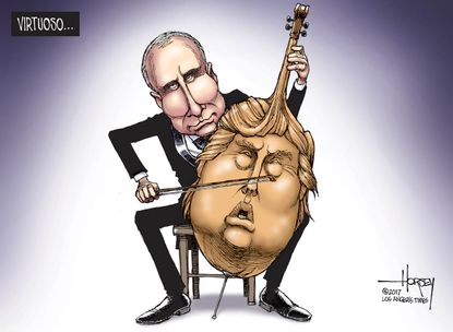 Political cartoon U.S. G20 summit Russian collusion Putin playing Trump