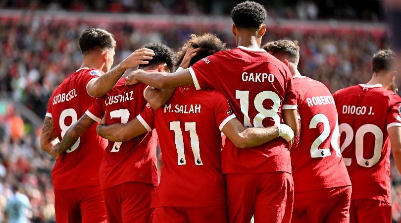 Liverpool vs Aston Villa live stream Mohamed Salah celebrates with his Liverpool team-mates after scoring against Bournemouth at Anfield in the Premier League in August 2023.