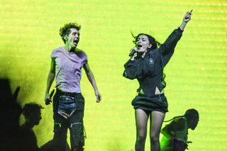 Charli XCX joins Troye Sivan on stage during the Something to Give Each Other Tour at OVO Arena Wembley on June 27, 2024 in London, England.