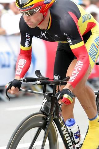 Belgian national TT champion Stijn Devolder begins his time trial in Annecy.