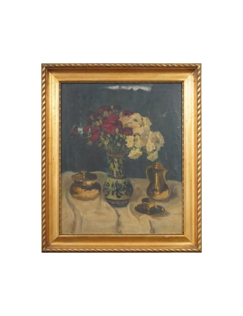Large European Impressionist Signed Flower Still Life Oil Painting 1920