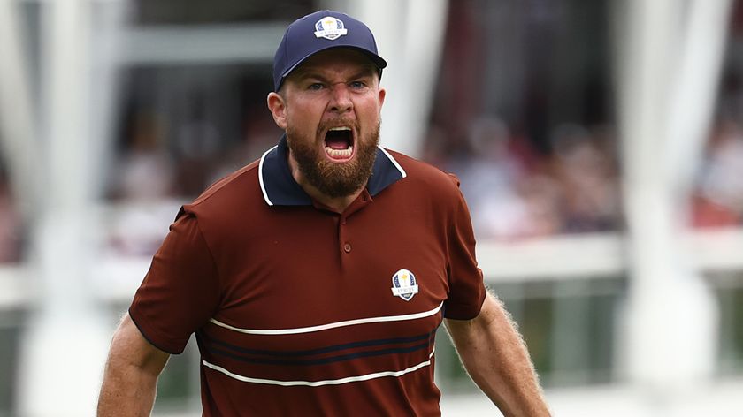 Shane Lowry of Team Europe reacts after making a birdie to tie the 15th hole during the Saturday afternoon four-balls matches of the 2025 Ryder Cup at Black Course at Bethpage State Park Golf Course on September 27, 2025 in Farmingdale, New York.