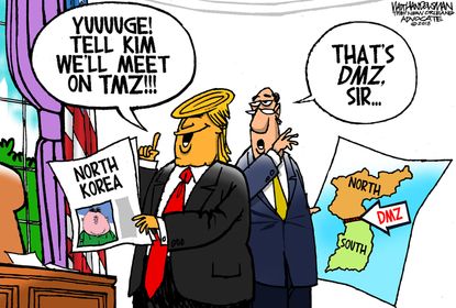 Political cartoon U.S. Trump Kim Jong Un DMZ North Korea negotiations TMZ