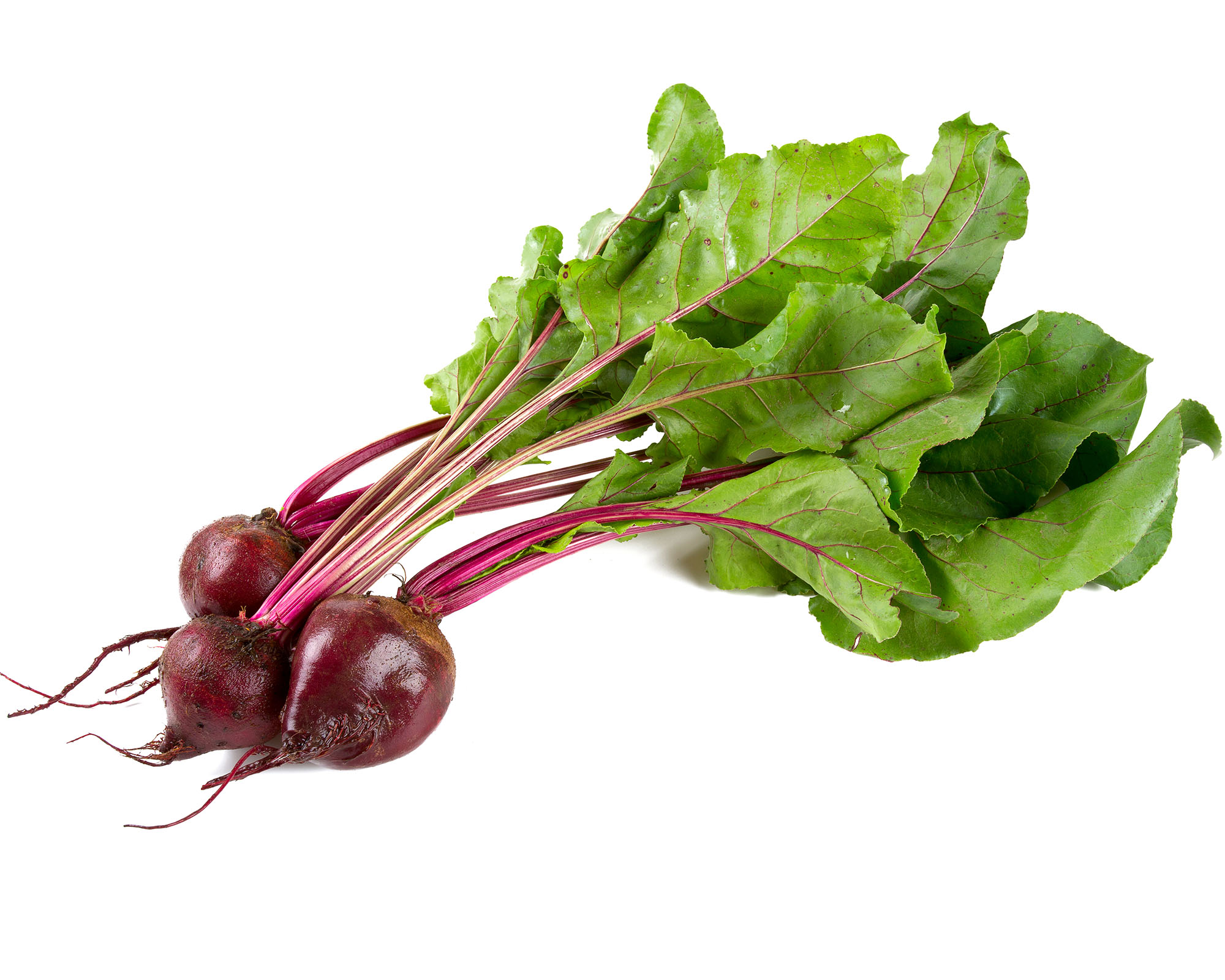 Beets with leafy tops isolated against white background