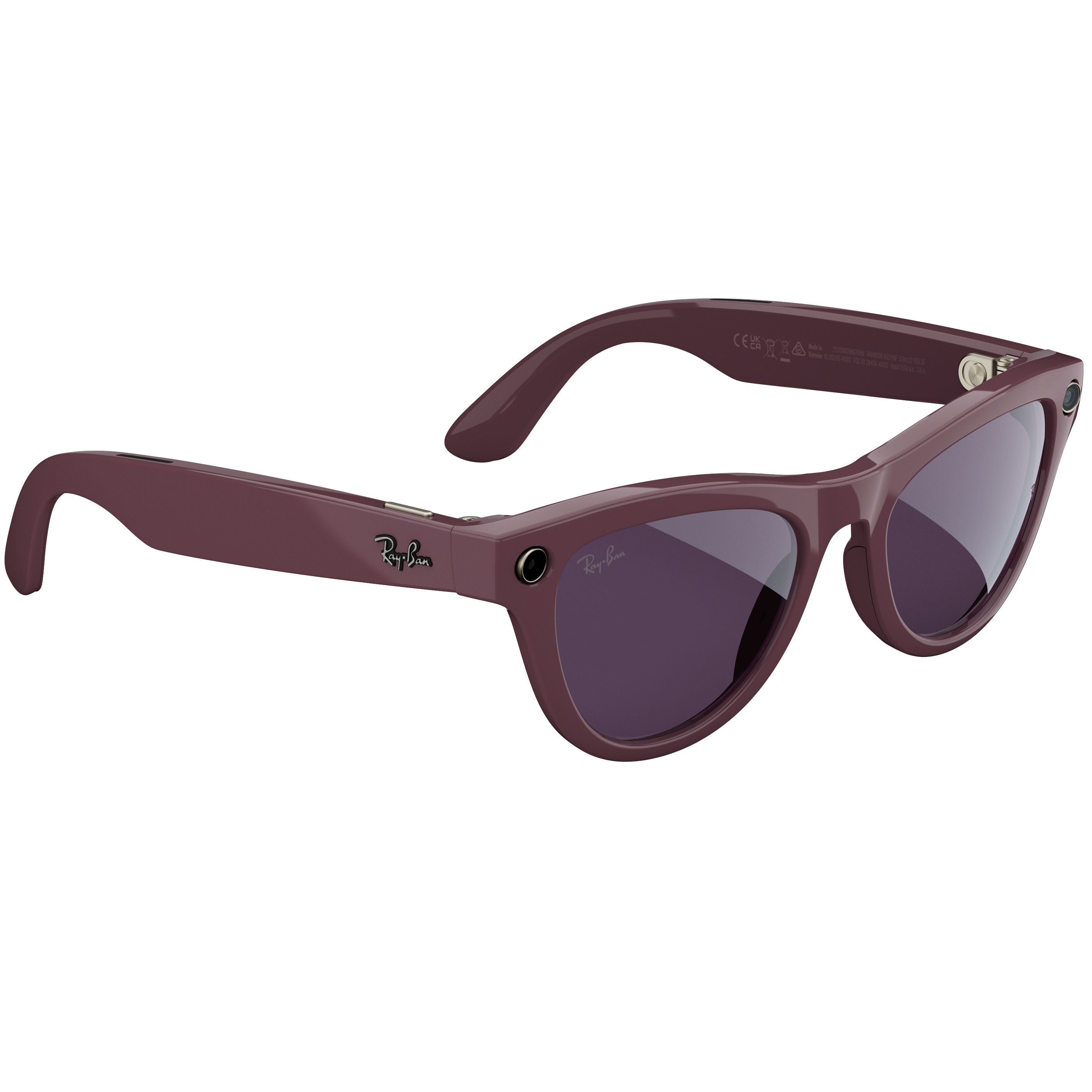 An official product render of Ray-Ban Meta (Gen 2) smart glasses Skyler style with red frames and violet lenses