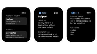 Tre skjermbilder av appen Daily Dictionary for Apple Watch