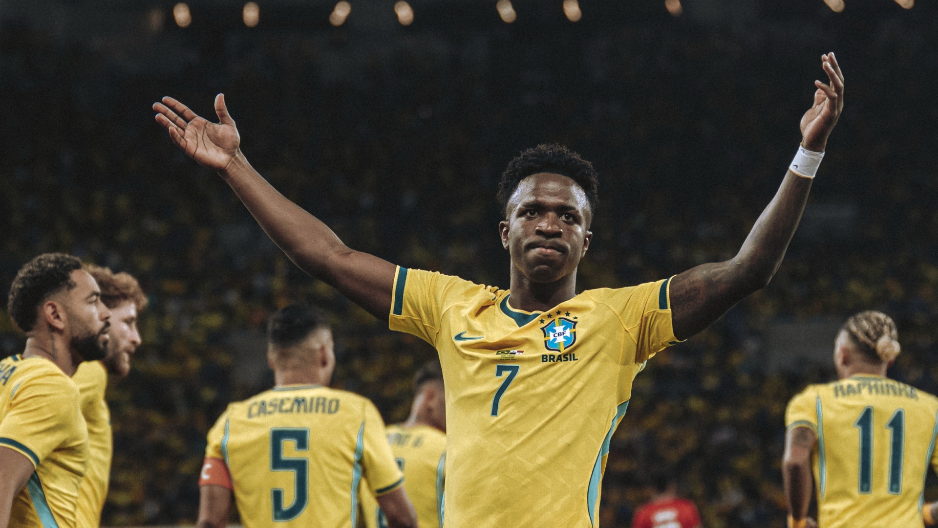 Vinicius Junior celebrates scoring for Brazil