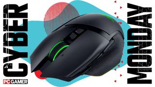 A Razer Basilisk V3 Pro gaming mouse on a Cyber Monday background