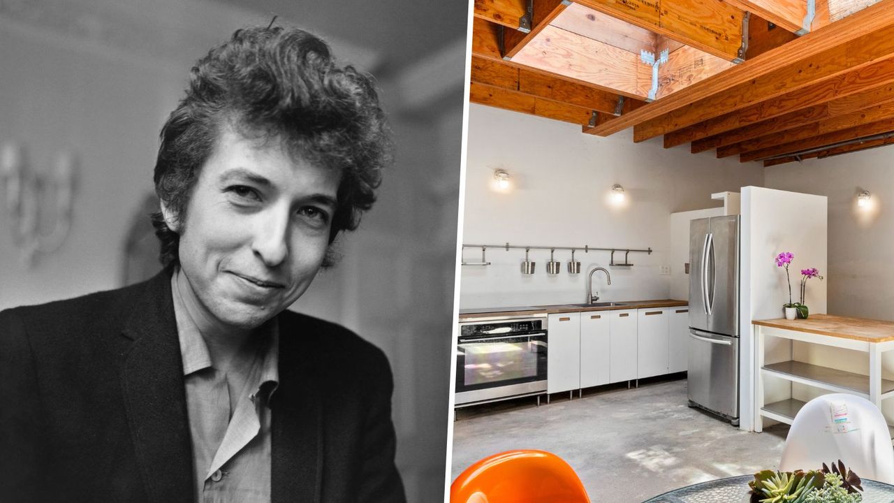 bob dylan in black and white on the left with the mid-century modern recording studio space on the right