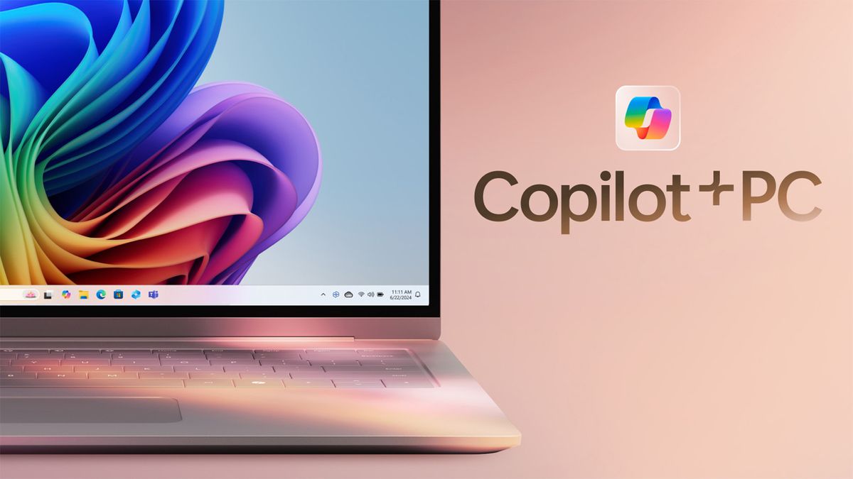 Promotional material from Microsoft showcasing the Copilot+ AI PC branding with new AI-powered laptop.