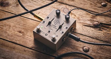 Walrus Audio Xero Polylooper: the dual-slider and footswitch looper is photogaphed against a wooden floor.