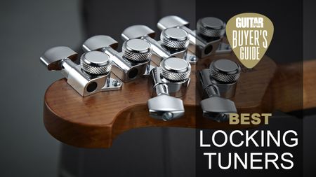 Close up of the locking tuners on a Music Man Luke III headstock