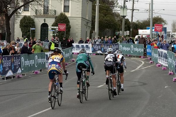 The leading quartet head out of the home straight in Buninyong during the women's road race.