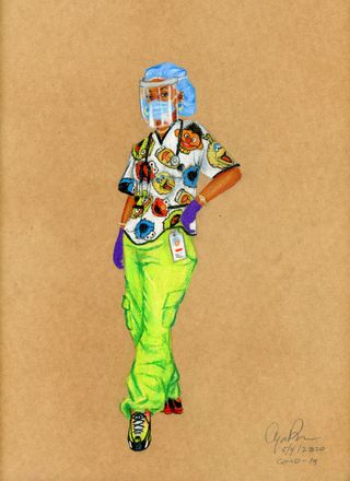 Illustrated portrait by Aya Brown entitled 'Nurse 3', on display at Glenwood Rd /Nostrand Avenue bus stop