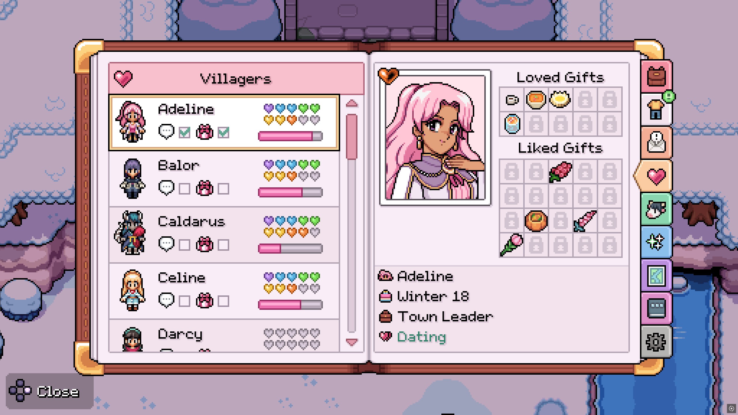 Fields of Mistria - A relationships panel menu showing Adeline's current heart level, friendship point meter, and liked gifts.