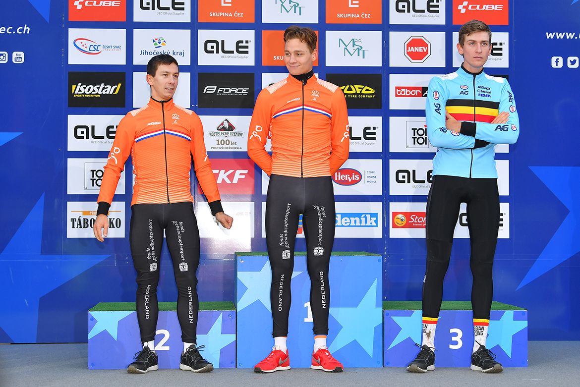 The men's podium at the European Cyclo-cross Championships