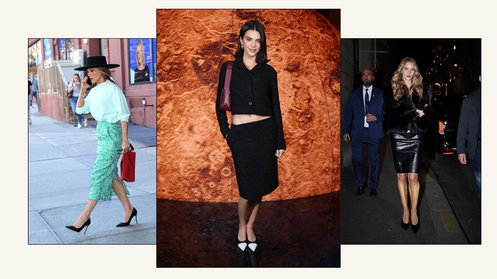 Collage of Jennifer Lopez, Kendall Jenner and RHW wearing pencil skirts with pointed-toe heels.