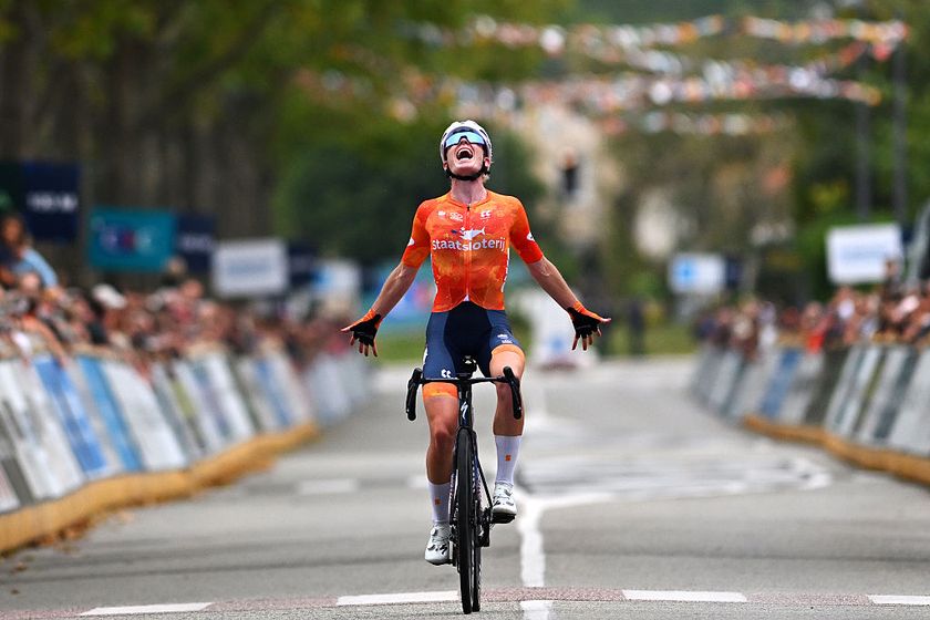 GUILHERAND-GRANGES, FRANCE - OCTOBER 04: Demi Vollering of Team Netherlands celebrates at finish line as gold medalist during the 31st UEC Road Cycling European Championships 2025 - Women&amp;apos;s Elite Road Race a 116.1km one day race from Guilherand-Granges to Guilherand-Granges on October 04, 2025 in Guilherand-Granges, France. (Photo by Billy Ceusters/Getty Images)