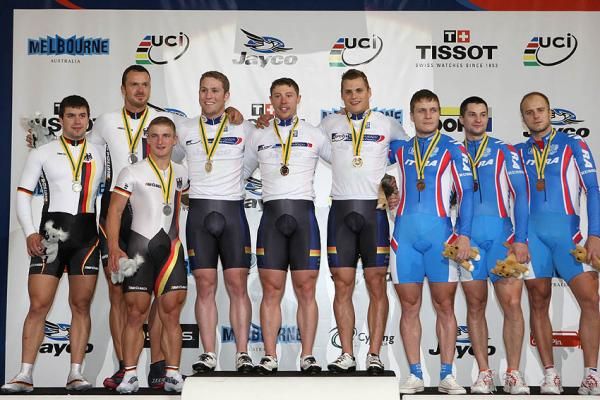 Men's team sprint podium (L-R): Germany, Team Jayco and Russia.